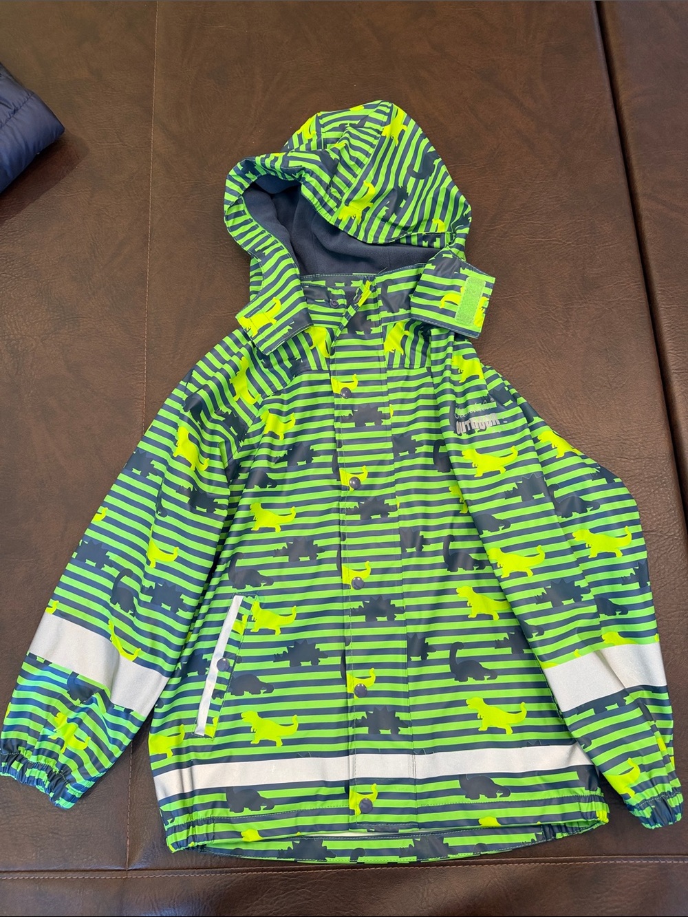 Sterntaler Neon Green and Navy Striped Hooded Rain Jacket with Dino Pattern